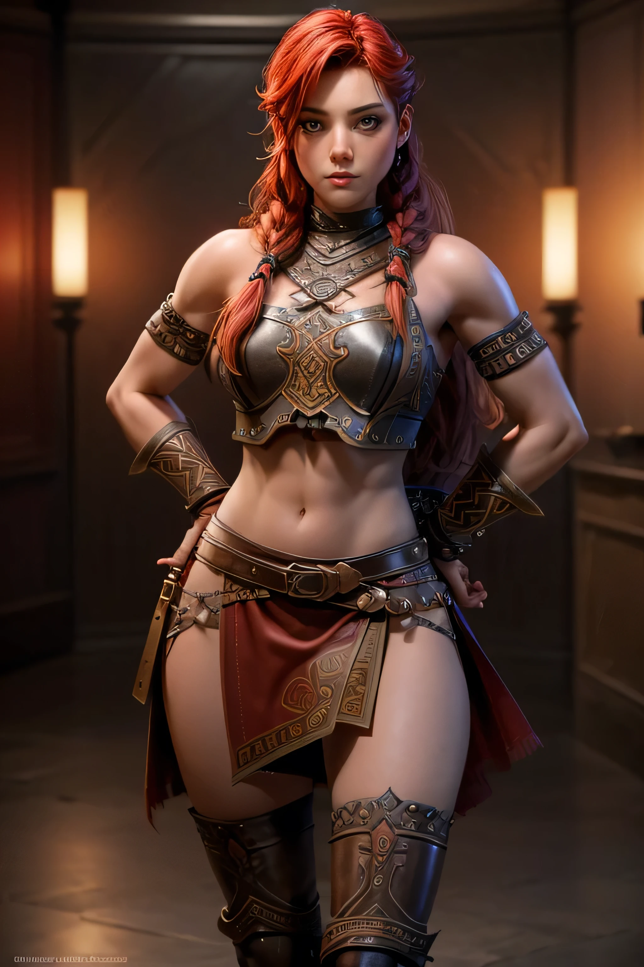 Young Viking woman , warrior, long red hair tied in a single braid , amazonian body , generous hips , curvilinear, woman wears leather armor with leather linings and Celtic and Nordic knots, fur skirt, top quality , masterpiece, super detail, lyrics, cinematographic lighting.