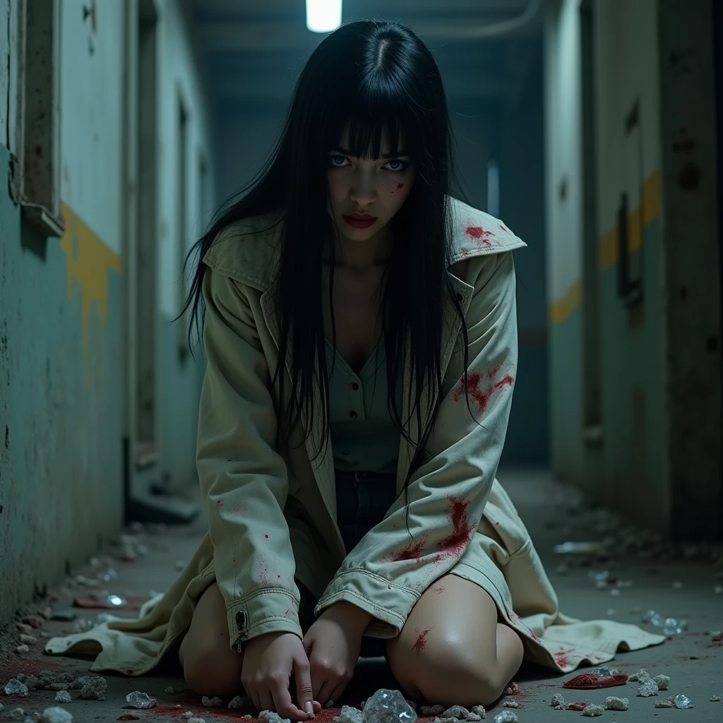 A girl lives in a hospital and together with 8 people they kill her, everywhere there is blood, the girl started crying, very dangerous, suspense, horror real, do an image generator.