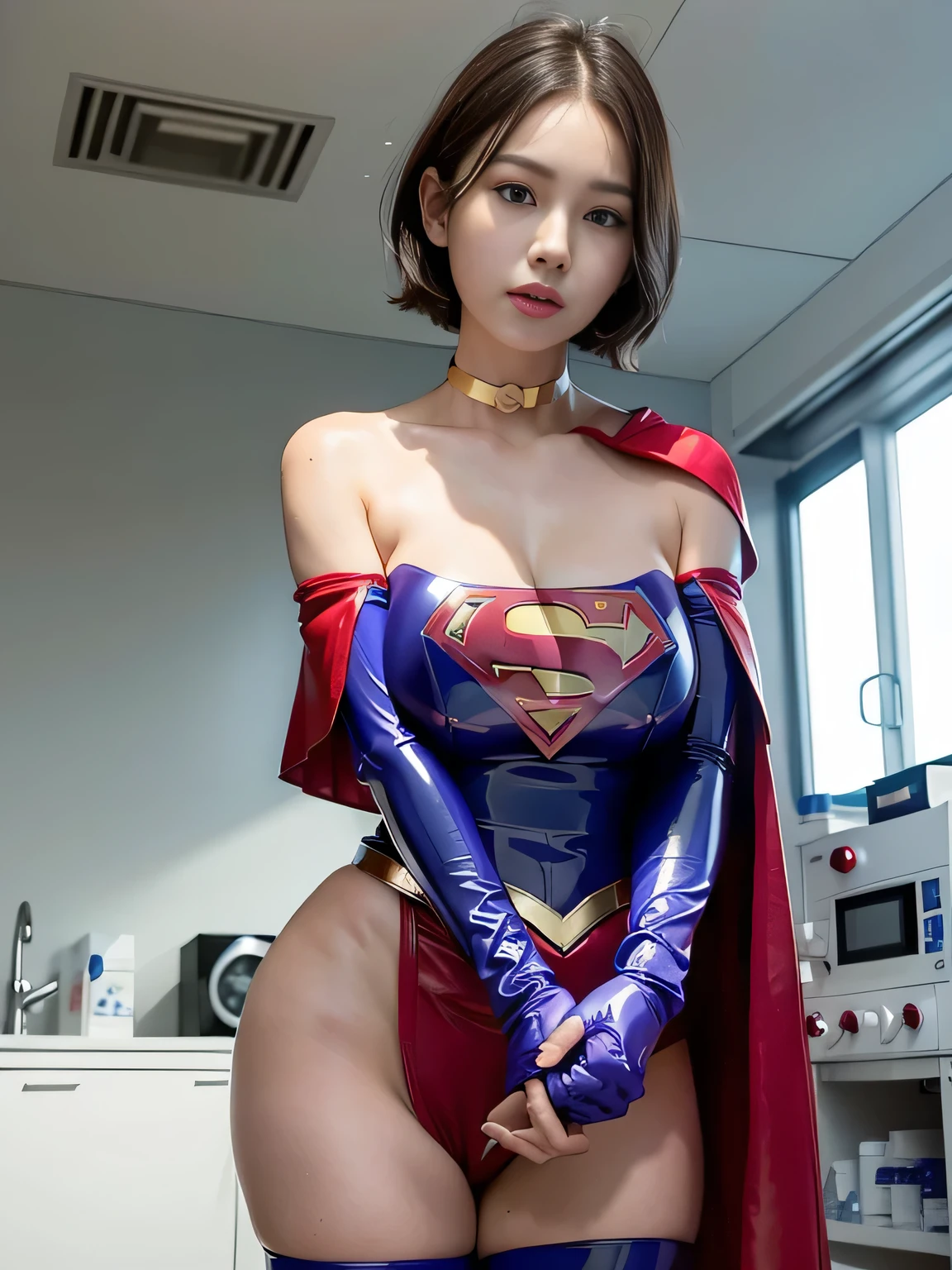 masterpiece、Enamel Supergirl Costume、Short Hair、Hospital operating table、Crisis situation、Big and ample breasts、looking at the camera、Shiny、Off the shoulder、choker、Long sleeve、exy poses to seduce、Sweaty、Model Body Type、Alluring、charm、Enchanting、Abused、test subject、victim、Wild、Photorealistic、latex、Pointing forward、