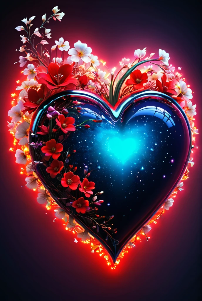 red on white ,  neon silhouette of a big heart,  flowers close-up ,  digital art, Love, glowing stars,  Transparent , exquisitely, beautiful, magical,  masterpiece fails