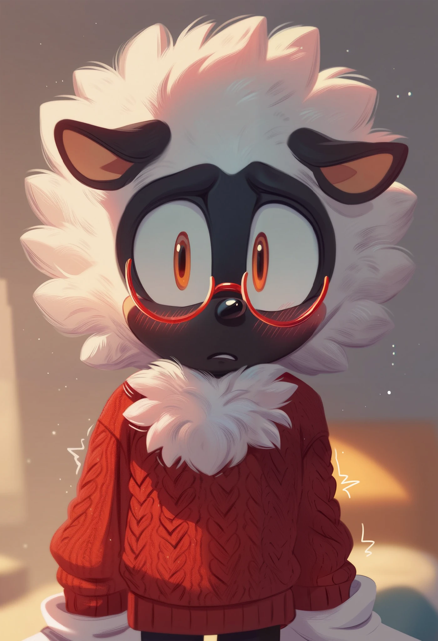 anthro, furry, fur, fluffy fur, shy expression, 1boy, sheep boy, orange eyes, wide eyed, detailed, blush, looking at the viewer, trembling, red turtle neck sweater, red round glasses, sonic channel (style), white fur, black skin, bedroom, flat color, ((sonic (series))), score_9, score_8_up, score_7_up, score_6_up, score_5_up, score_4_up