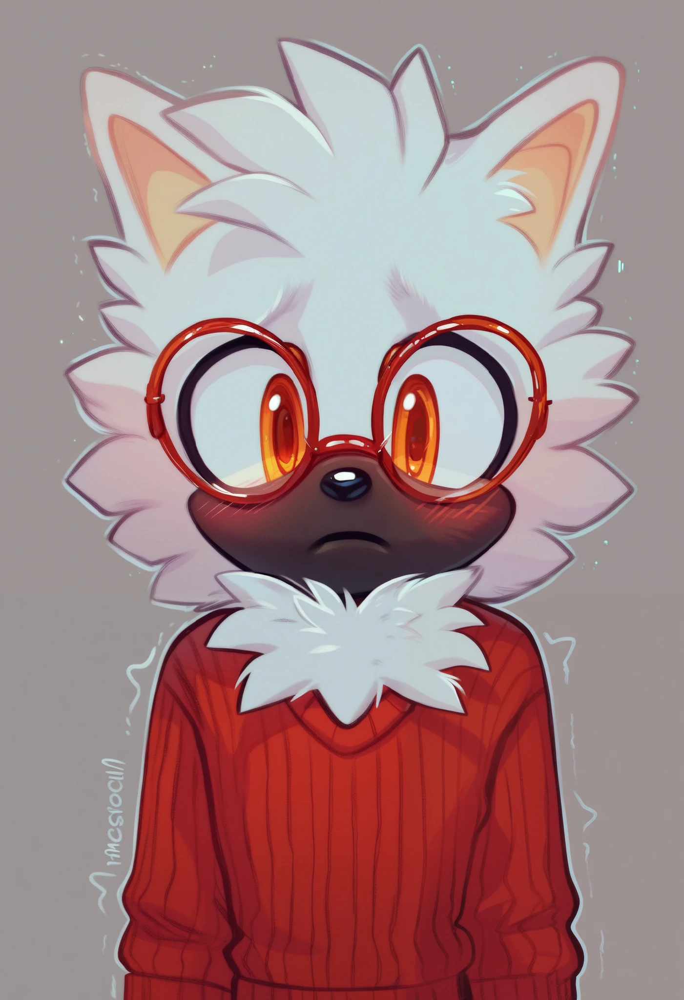 anthro, furry, fur, fluffy fur, shy expression, 1boy, anthropomorphic sheep, sheep boy, orange eyes, wide eyed, detailed, blush, looking at the viewer, trembling, red turtle neck sweater, red round glasses, sonic channel (style), white fur, black skin, bedroom, flat color, ((sonic (series))), score_9, score_8_up, score_7_up, score_6_up, score_5_up, score_4_up