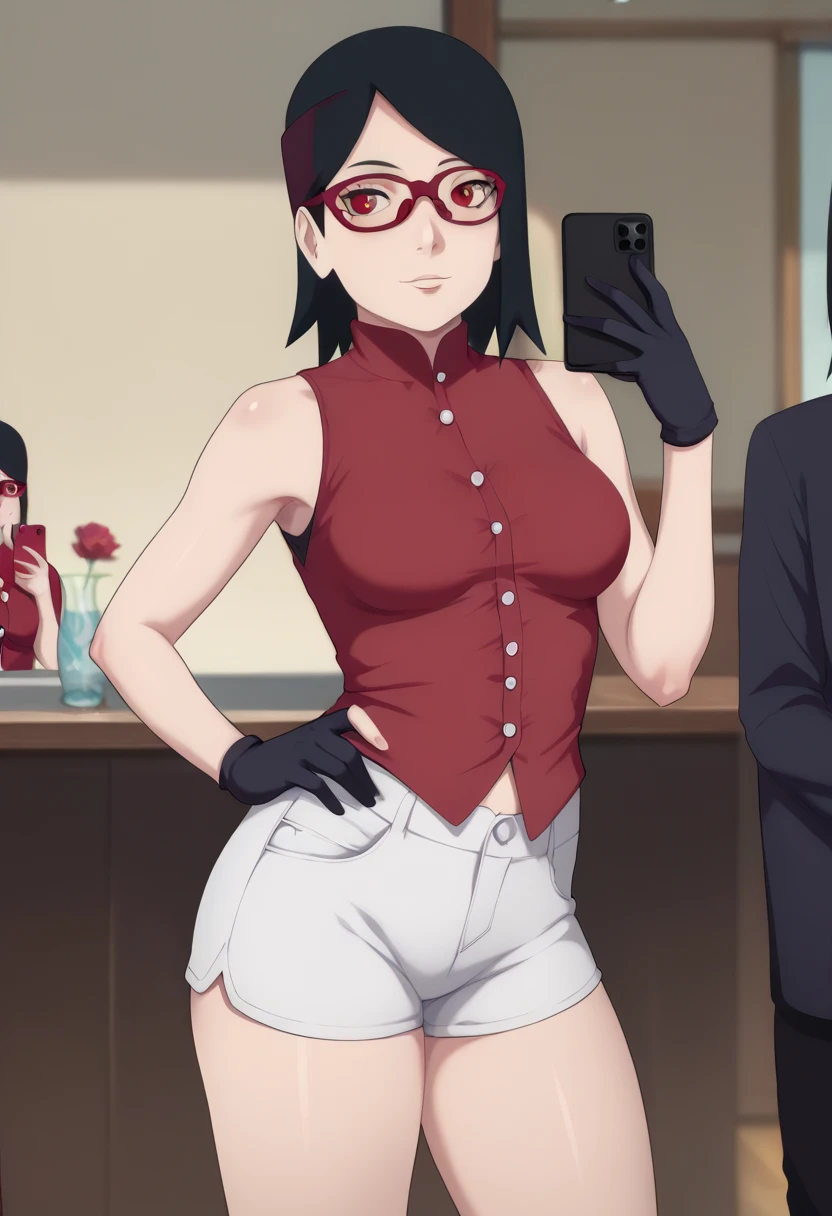 Sarado Uchiha short black hair glasses red eyes Black medium breasts large abdomen sarado red blouse black gloves white shorts thick thighs Big with cell phone in hand in front of the sexy mirror