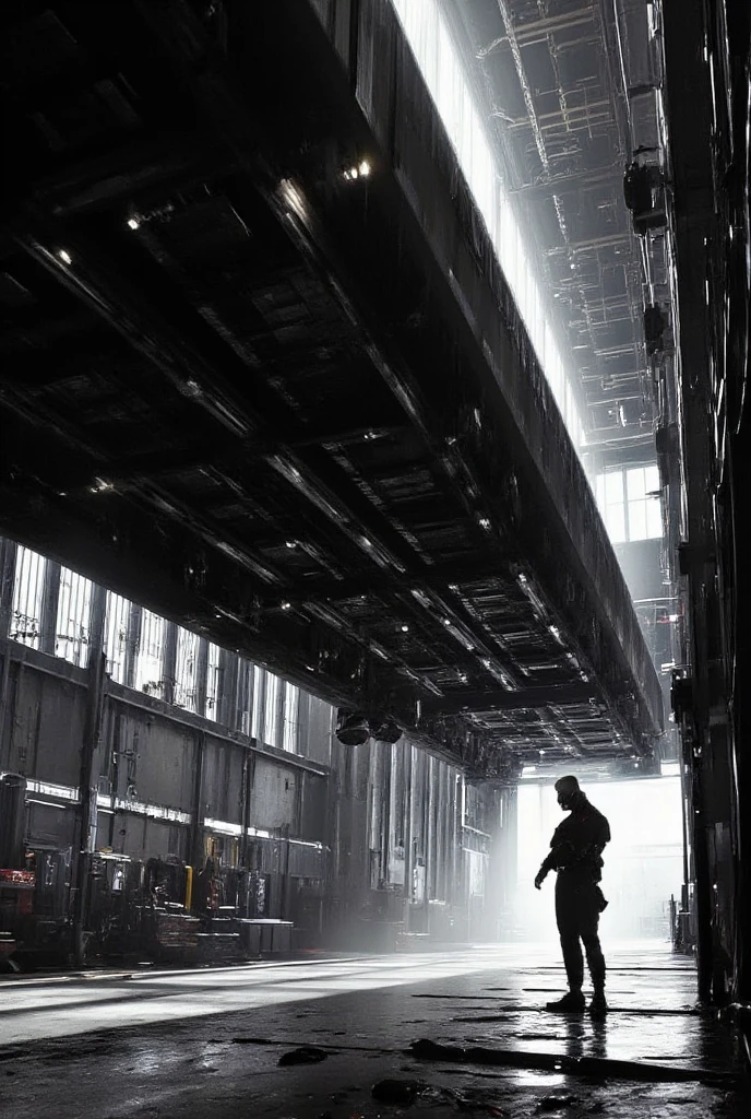 European comic book cover style  , an enigmatic image , we see a futuristic black front train suspended by cables and tech ,  under a strong light base and LED with cables and wires connected to it in a large dark hi-tech shed with large suspended LCD screens forming part of this scenario,  nearby there are armed hi-tech guards and a scientist ,  he seems small in the face of the grandeur of the environment that image transmits ,  high contrast black and white image inspired by j .c leyendecker.