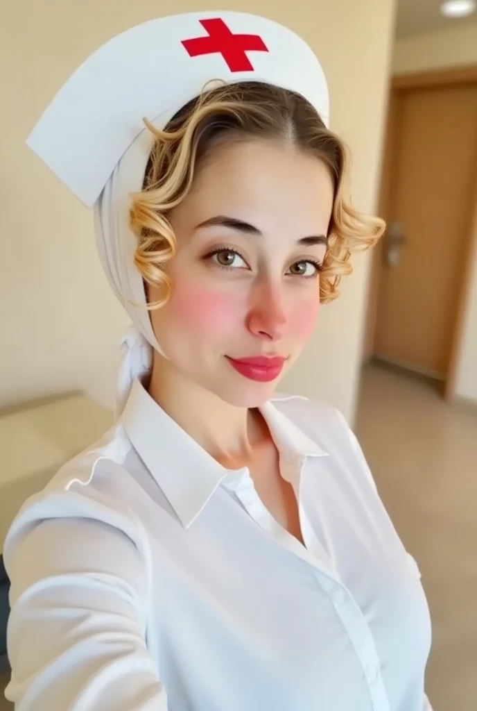 A young woman with blonde curly hair is wearing a nurse's cap with a red cross.  The woman is fair-skinned, and she has a neutral/pleasant expression.  Her makeup includes a subtle blush and a reddish-brown lipstick.  Her eyes are a light green/gray color. She is wearing a white, button-down shirt, and only the top portion of the shirt is visible in the image. The background is out of focus, a light beige or cream color, suggesting an interior setting. A blurred image of a wall or a doorway appears in the background.  The overall impression is of a portrait or a headshot.
