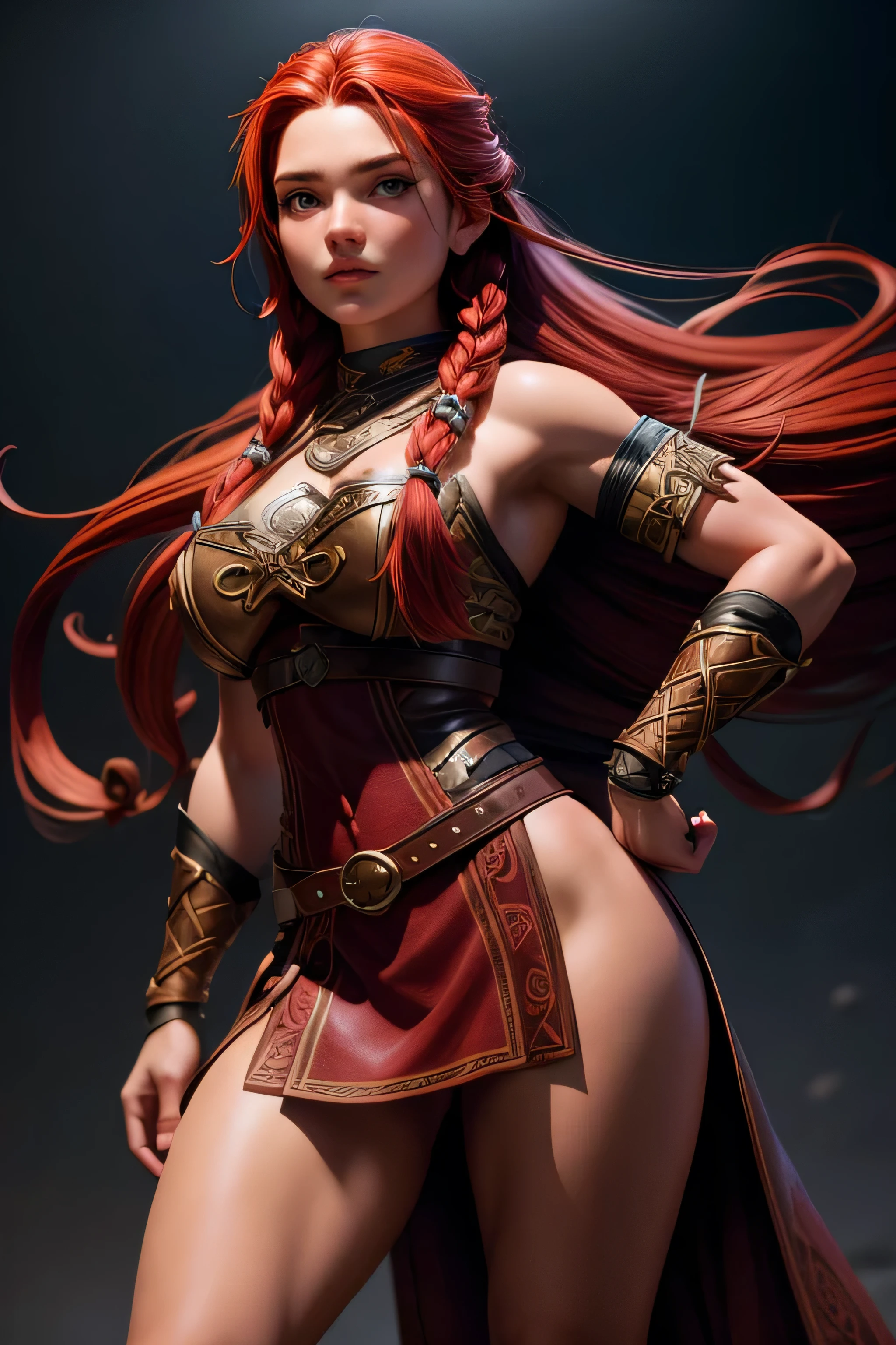 Young Viking woman , warrior, long red hair tied in a single braid , amazonian body , generous hips , curvilinear, woman wears leather armor with leather linings and Celtic and Nordic knots, fur skirt, top quality , masterpiece, super detail, lyrics, cinematographic lighting.