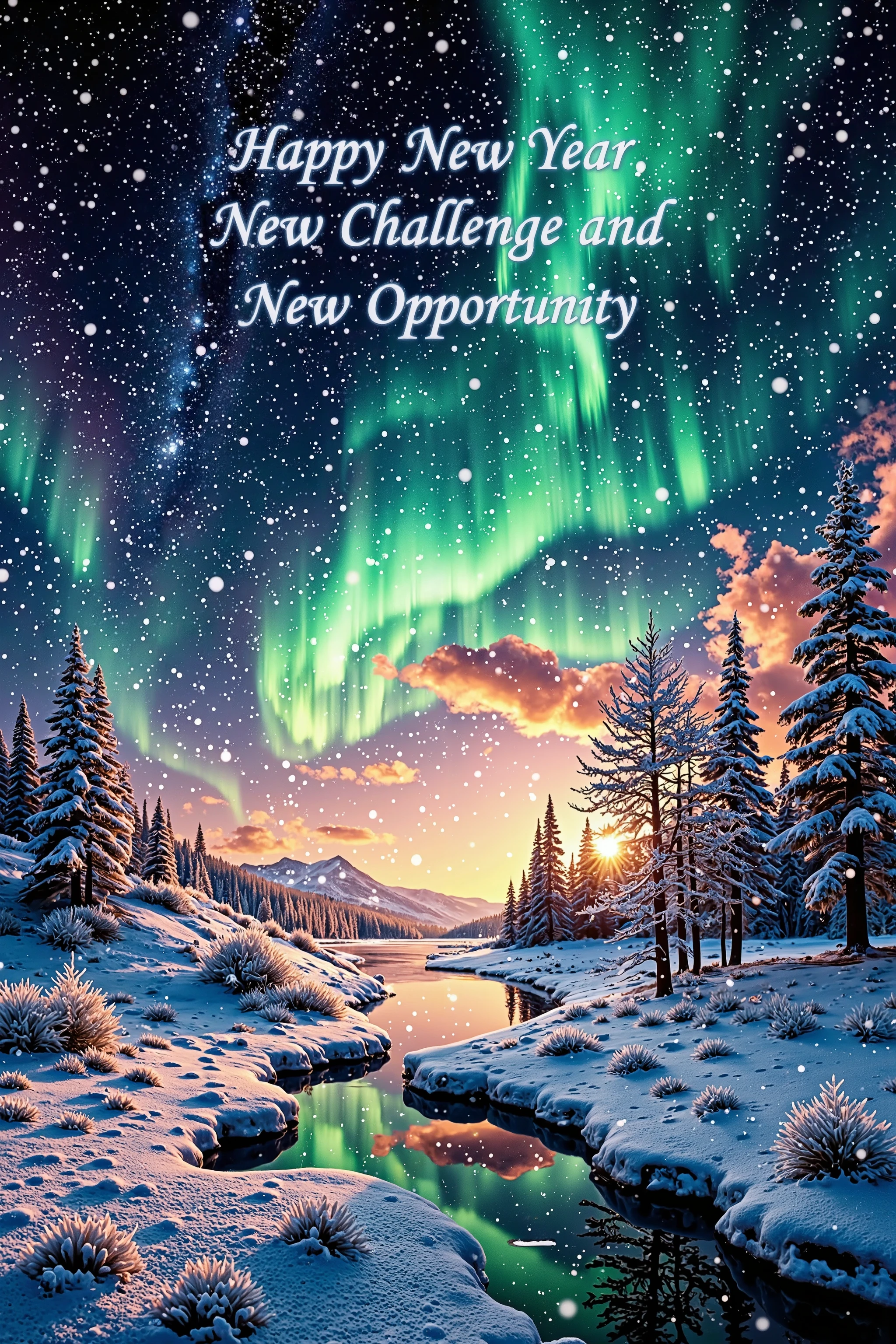 Create a breathtaking New Year-themed greeting image featuring a majestic winter landscape illuminated by the glow of a rising sun on the horizon. The sky is alive with a mesmerizing aurora borealis, casting vibrant waves of green, blue, and purple that dance across the sky, blending seamlessly with the golden hues of dawn. Snow-covered mountains and frost-laden trees frame the scene, their surfaces glistening under the ethereal morning light.

The landscape is vast and serene, with a pristine frozen lake reflecting the colors of the aurora and sunrise, adding depth and tranquility. Soft mist drifts over the snow, catching the golden rays of the sun, enhancing the dreamlike atmosphere. The air feels crisp and fresh, symbolizing renewal, hope, and the excitement of new beginnings.

Centered in the sky, bold yet elegant typography displays the message: ‘HAPPY NEW YEAR, NEW CHALLENGE AND NEW OPPORTUNITY’, glowing subtly as if illuminated by the aurora itself. The lettering blends harmoniously with the celestial colors, reinforcing the theme of limitless possibilities in the year ahead.

The composition captures the grandeur of nature and the spirit of new beginnings, evoking a sense of wonder, inspiration, and optimism as the world steps into the promise of a new year.