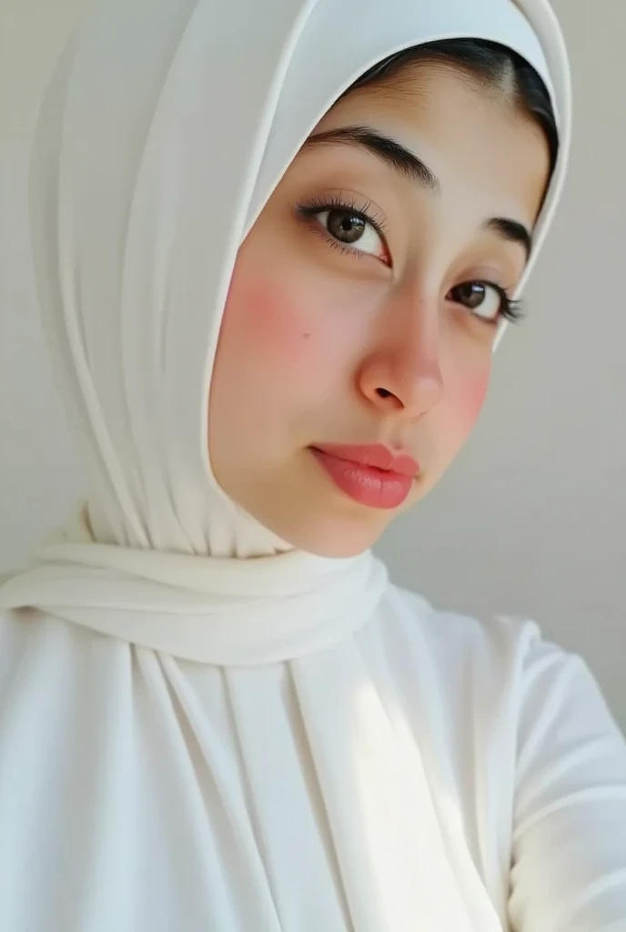 a beautiful young woman wearing a white dress, white hijab, detailed face, beautiful eyes, long eyelashes, refined facial features, soft skin, natural lighting, high quality, photorealistic, detailed portrait, no makeup
