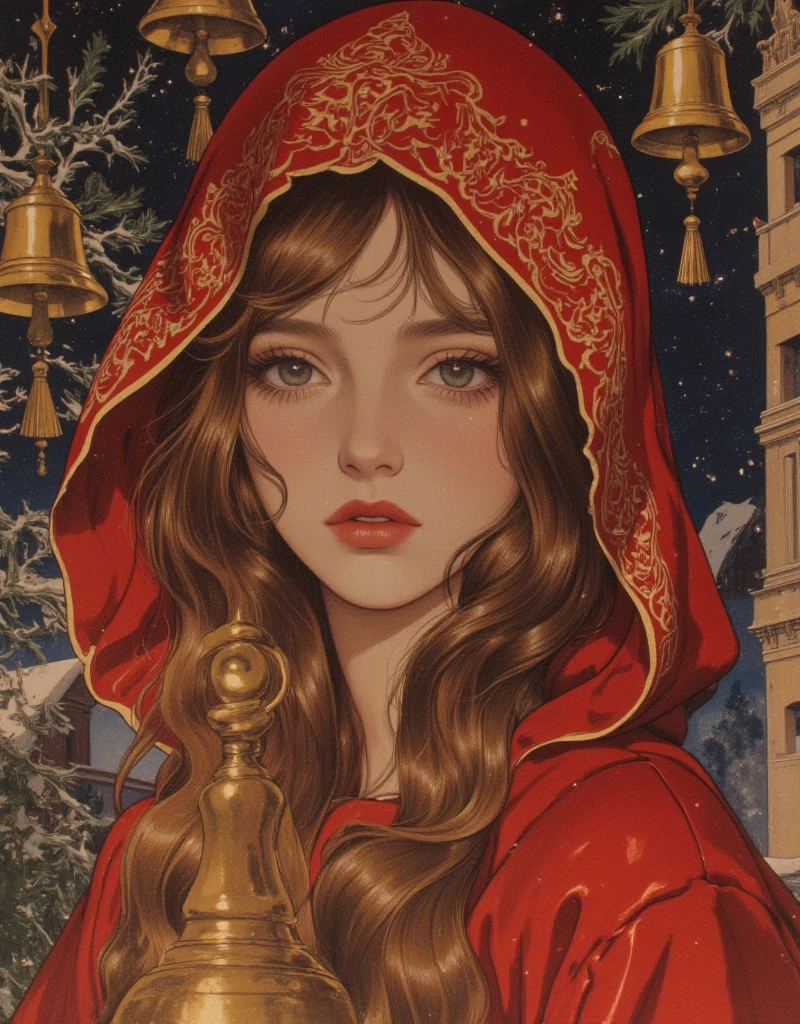 Beautiful girl in classic red Christmas hooded cloak for the holidays, The  Match Girl, She was selling matches barefoot in the cold without any shoes on, The girl lit a match to try to get a little warmer. Background of a bell tower with hanging gold bells, Beautifully detailed face, Beautifully detailed lips, Highly detailed hair, Long eyelashes, Intricate embroidered pattern on the cloak, Sad mood, Fantasy art in a sad winter setting, fairytale, Rich colors, Vibrant painting, vintage, egmid, in the style of james-jean