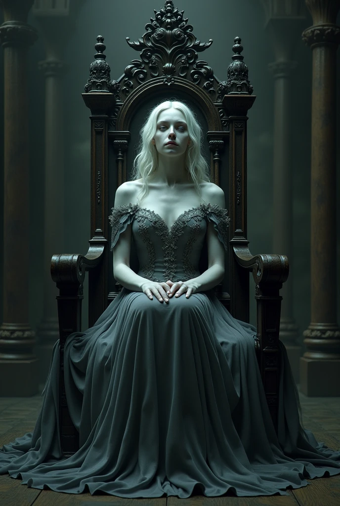 A deathly pale woman in medieval dress sitting on a throne - SeaArt AI