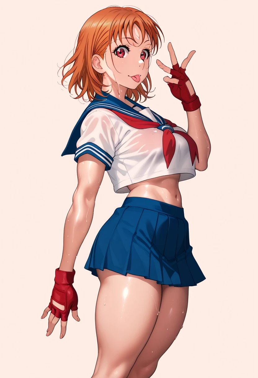 ((((masterpiece)))), high quality, very_high_resolution, large_filesize, full color, heavy outline, clear outline, colorful, (beautiful detailed eyes), (beautiful face:1.3), boyish face, 1 girl, (femaleranma), (red hair), short hair, (braided ponytail), ((bangs)), bumpy bangs, blue-gray eyes, big breasts, curvy, black-wristbands, for summer , sailor suit , pleated_skirt , pink striped pantie , socks , sneakers ,