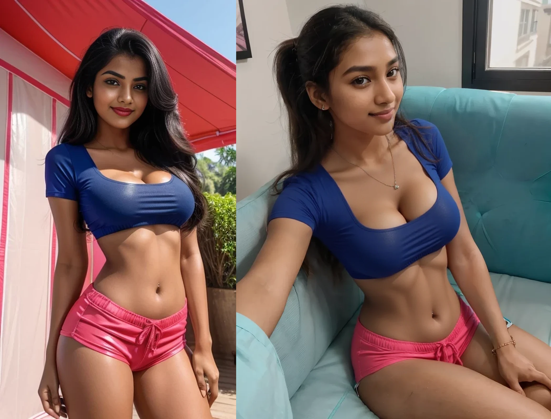 18 years old indian girl, baby face, topless, tight shorts, surrounded by men, erotic pose