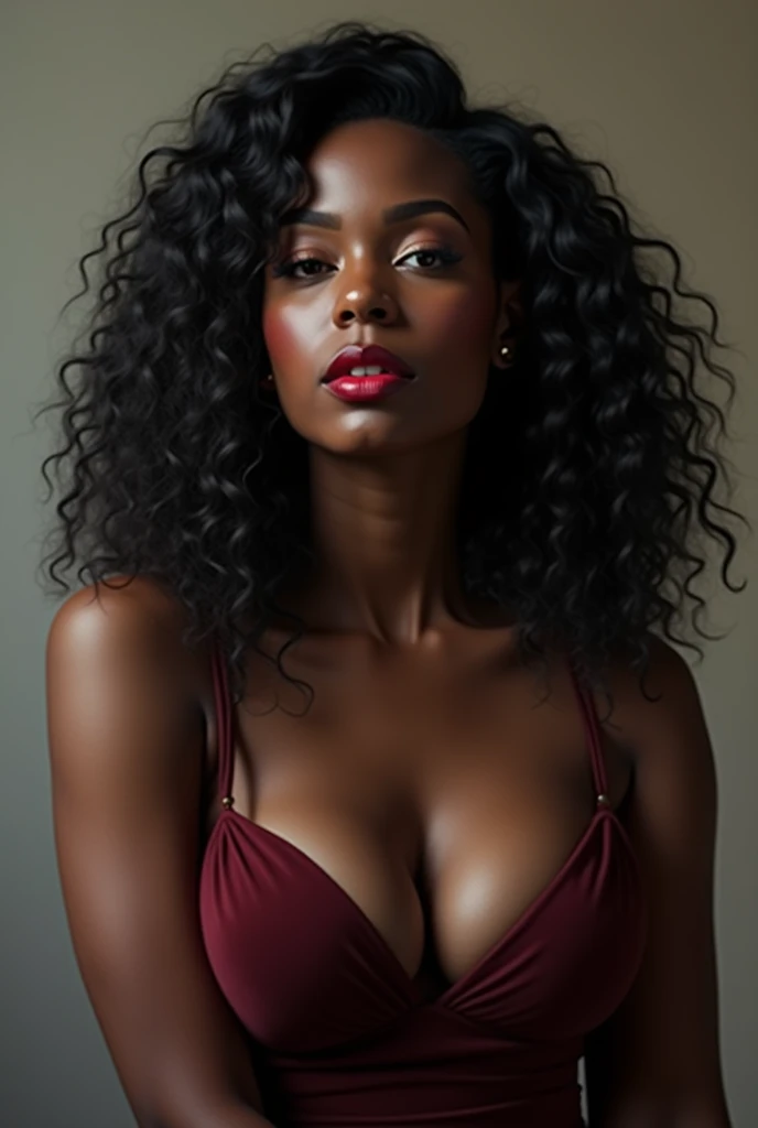 She is a stunning black female boudoir erotica model, exuding confidence and sensuality. Her deep, ebony skin is smooth and radiant, a canvas that beautifully contrasts against the soft, delicate lingerie she wears. Her luscious, curly hair cascades down her back, framing her face with an aura of untamed allure, red lips,

With striking almond-shaped eyes, adorned with long, fluttering lashes, she captivates with every gaze. Her eyes, the color of rich, dark chocolate, hold a playful and enticing spark that invites viewers into a world of seduction and passion. Her perfectly sculpted lips, painted a bold shade of crimson, beg to be explored and tasted.