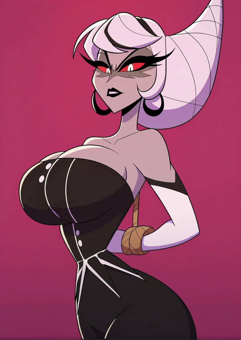 masterpiece,Carmilla_Carmine,score_9, score_8_アップ, score_7_アップ,gray skin, [Upper body focus] ,hair is tied up in split into two cones,twin hair,Black dress,white elbow gloves, bare shoulders, lace shoes,(huge juicy breasts:1.2),breasts, has long eyelashes,dress, ,Black Lip,pigmented sclera,Red cornea,white hair,Big Breasts,wide butt, (Alone),indoor,