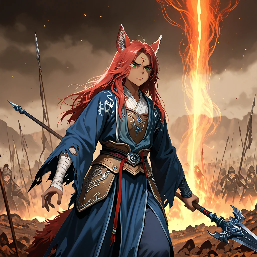 Young Kemono Elf Man Half Beast, Your hair and fur are red,  fighting in the middle of a plain,  her clothes are torn and her armor in pieces ,  her expression is fierce and her eyes are serious ,  in her left hand she holds an impressive spear with a long blue fabric that wraps around it,  her other hand is in a claw shape ,  her red hair wobbles in the wind ,  dark skin under the red fur , deep green eyes , iris feral,  animal ears ,  Wolf ears ,  body hair , Alone,  Battlefield,  magic and shadows in the background ,  long hair , by the bodies, Alone, 1 man. humanoid face.