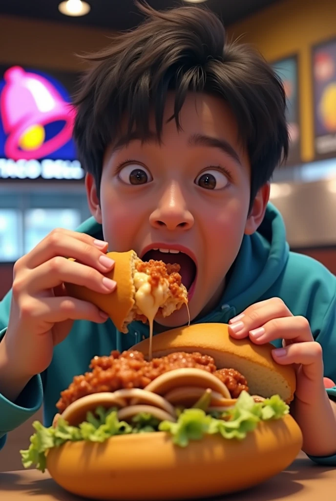 12 year old overweight boy eating a hamburger crying while enduring people bullying him Animated