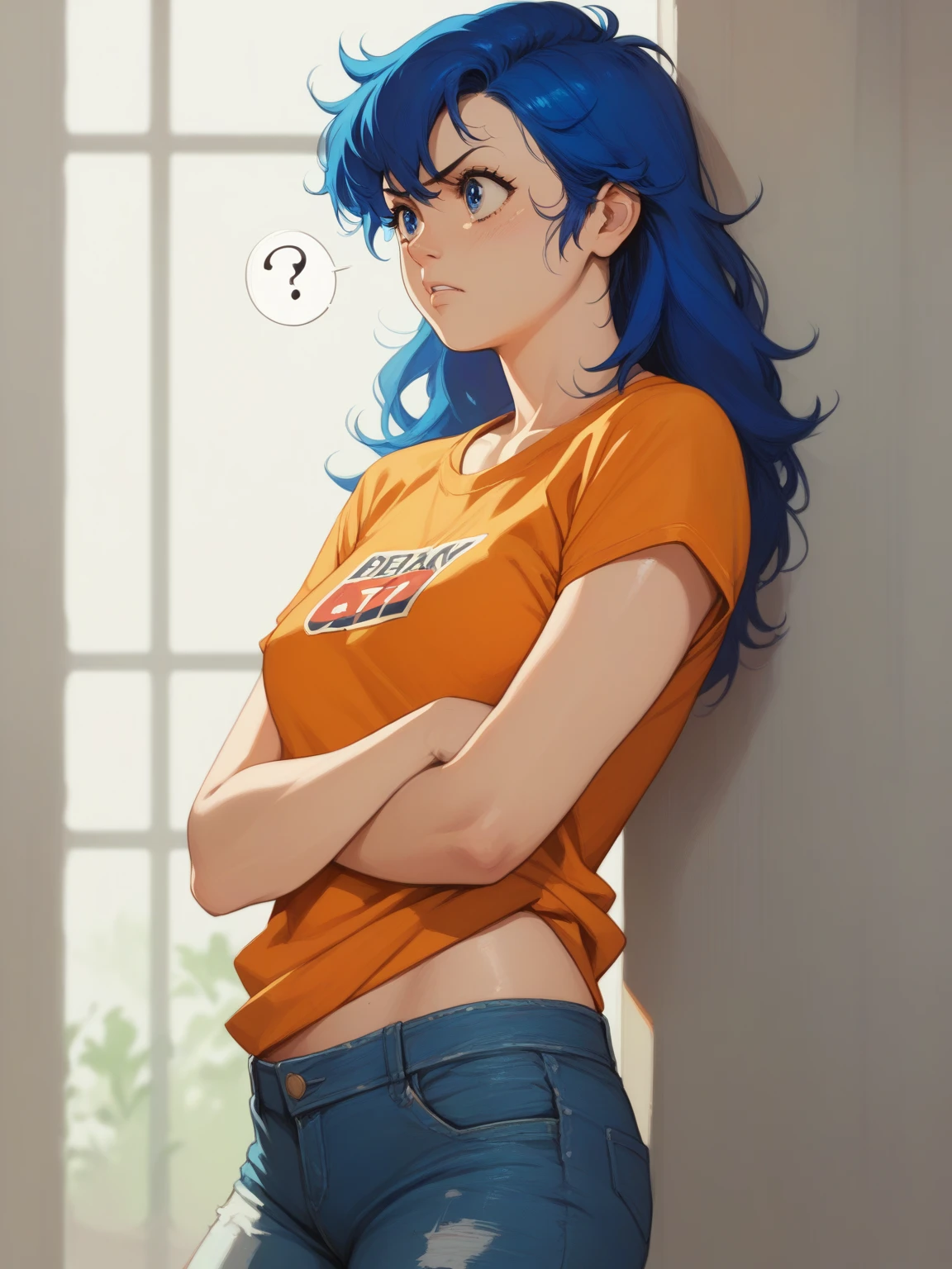  better quality, masterpiece,
1 girl,(Alone:1.1),
  BREAK
Yuuko Asou-with orange t-shirt,  short denim pants , long and blue hair,  wondering about something ,  confused expression , in his room .