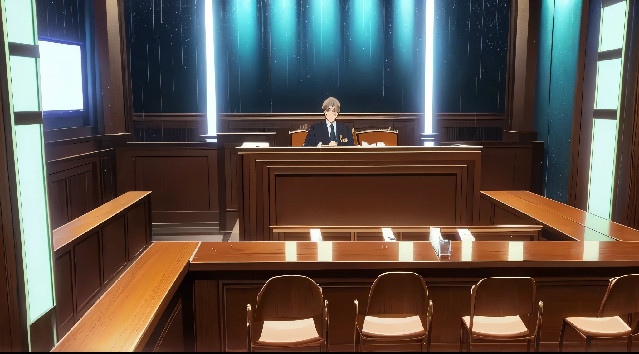 (Daytime) (Rainy Sky) (Raindrops falling)
(80’s Anime) (Classic) (Vintage) (Retro)
1980’s courtroom is a formal space where legal proceedings take place, typically featuring a judge's bench at the front, a jury box for jurors, tables for the plaintiff and defendant with their respective attorneys, a witness stand, and a public gallery for spectators, all separated by a low barrier called the "bar" which divides the area for legal proceedings from the public viewing area; the overall atmosphere is designed to be serious and impartial.
(People are there in attendance in the Court Room)
(View from the Witness Stand)
