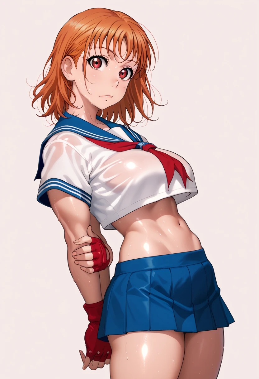 Solo,1girl, takami chika, medium hair, orange hair, red eyes,standing, sporty athletic build, confident pose, big breasts, breasts outlines, score_9, score_8_up, score_7_up, score_6_up,blue skirt, crop top, midriff, miniskirt, navel, sailor , school uniform, short sleeves, skirt, stomach, shirt, white shirt, red fingerless gloves,sweating, detailed body, shiny skin , RUKIA Style, web comic,toned thighs, sexy pose, simple background, slightly from side,underbutt, looking at viewer, arms behind back