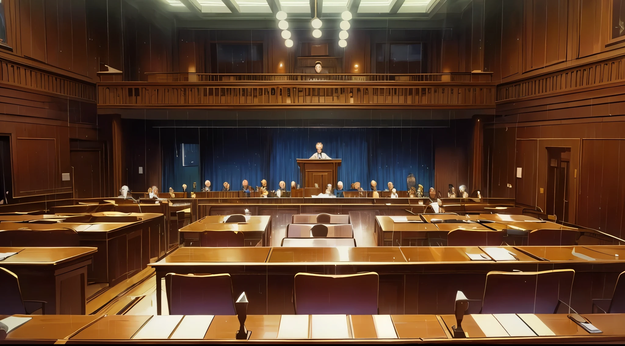 (Daytime) (Rainy Sky) (Raindrops falling)
(80’s Anime) (Classic) (Vintage) (Retro)
1980’s courtroom is a formal space where legal proceedings take place, typically featuring a judge's bench at the front, a jury box for jurors, tables for the plaintiff and defendant with their respective attorneys, a witness stand, and a public gallery for spectators, all separated by a low barrier called the "bar" which divides the area for legal proceedings from the public viewing area; the overall atmosphere is designed to be serious and impartial.
(People are there in the Court Room)
(View from the Public Gallery)