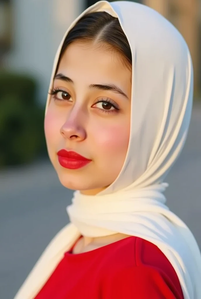 a beautiful young woman wearing a red dress, hijab, detailed face, beautiful eyes, long eyelashes, refined facial features, soft skin, natural lighting, high quality, photorealistic, detailed portrait, no makeup
