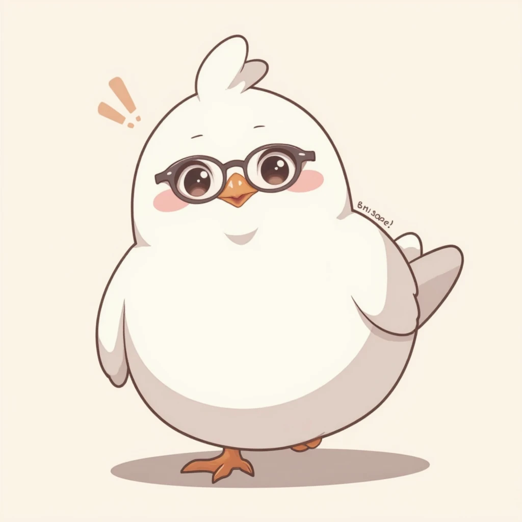 A cute white plump pigeon with a dumb look on its face, wearing small round glasses, illustration