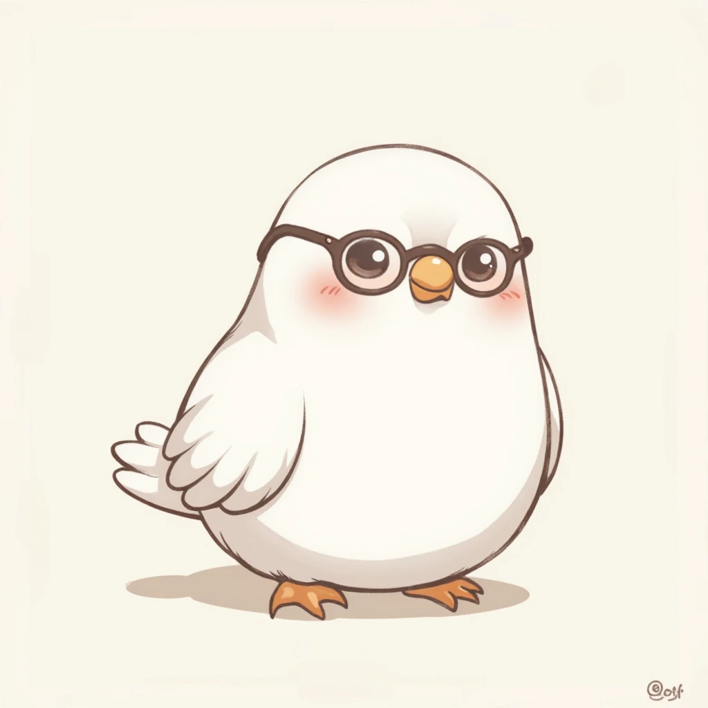 A cute white plump pigeon with a dumb look on its face, wearing small round glasses, illustration