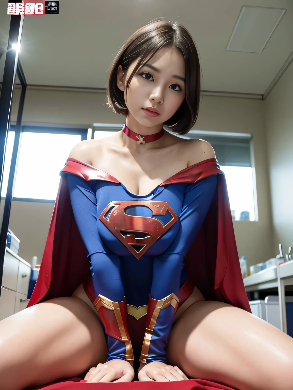 ​masterpiece,Supergirl Costume, short-hair, bare-legged, large full breasts,surgery room、Operating table、straddle、depraved、shiny、Looking at the camera、Provocation、estrus、Cowgirl、Trance、Fayue、enjoyment、The sheen