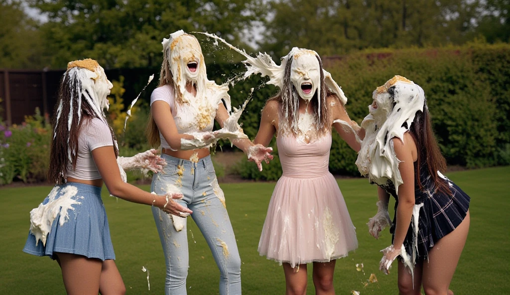 An action shot of four beautiful young 18-year-old women in dresses are having a pie fight in a garden.