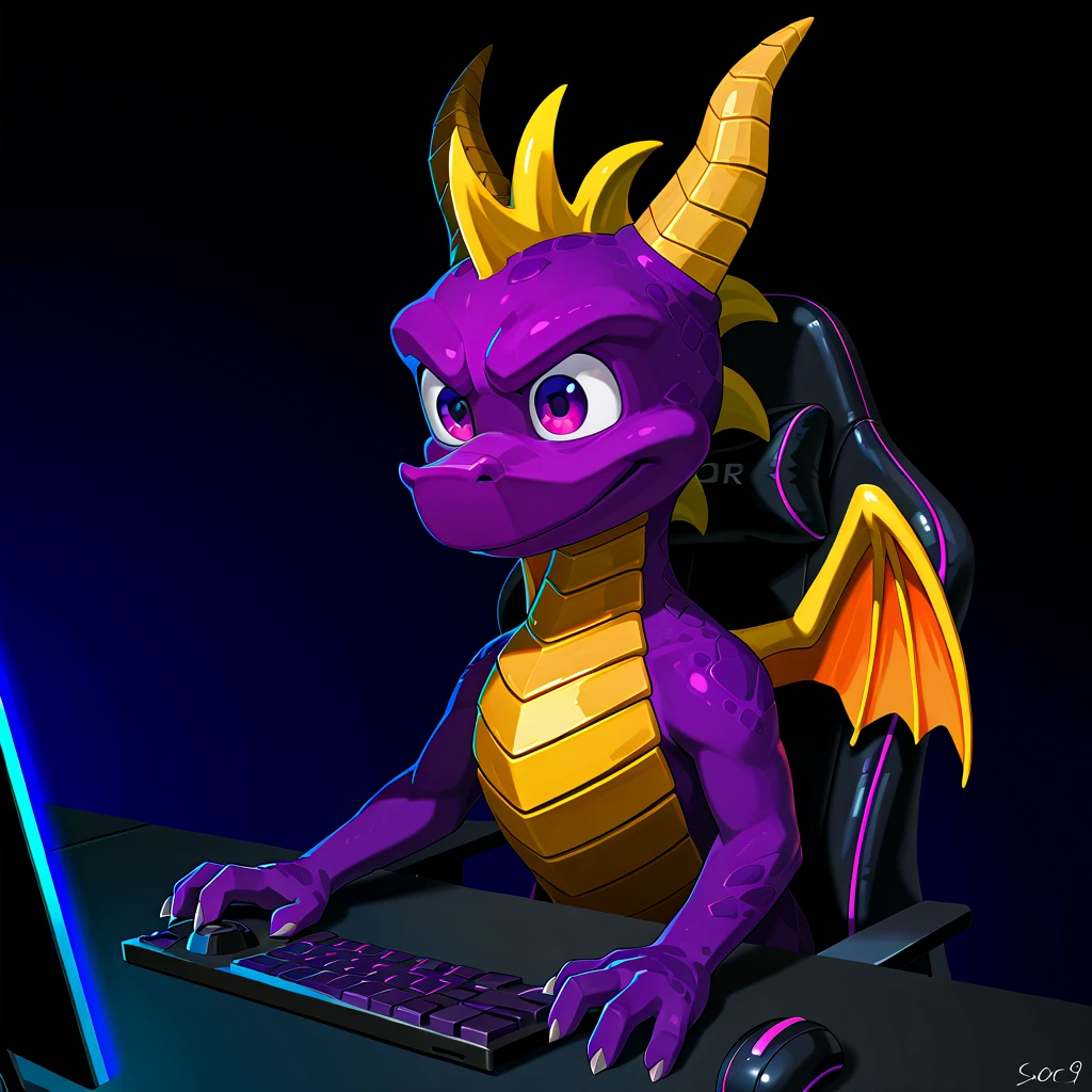 Spyro-like Dragon, rainbow spine frill, highly detailed magenta eyes, sitting in a gaming chair at a desk with a gaming setup, wearing a set of rainbow glow headphones