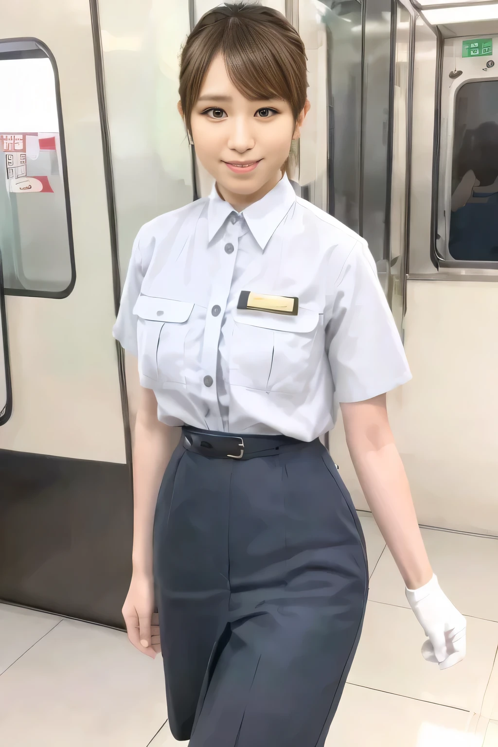 (Masterpiece:1.2, best quality :1.2), 32kHDR, high definition, (Alone、 1 girl)、(Rooftop of a building during the day、 professional lights )、Building rooftop background、( real style woman wearing train crew uniform 6 )、(female train crew uniform 6 blouse short sleeve 、 Knee-length culottes skirt、Waist belt)、( female 6 vest in train crew uniform )、 dark brown hair 、( hair gathered、 hair bang)、 dark brown hair 、Long Hit、Big Breasted 、Thin legs、(( amazing hands:2.0)),((harmonious body proportions:1.5)),((Normal limbs:2.0)),((Usually refers to:2.0)),(( Delicate Eyes:2.0)),((Normal eyes:2.0)))、smile、(woman train crew uniform6 Knee-length culottes skirtを見せた美しい立ち姿) 、Hands crossed underneath