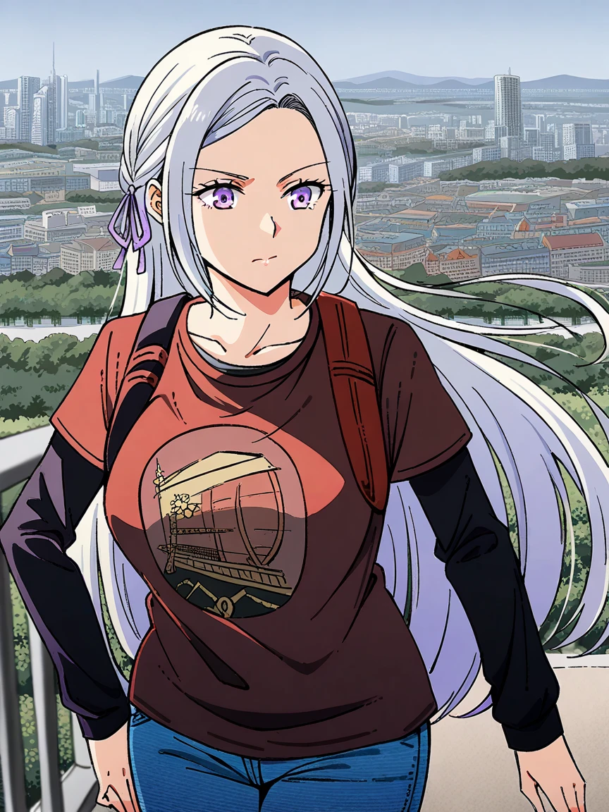 1girl, Edelgard, white hair, red t-shirt, black long sleeve, jeans, purple eyes, standing, city background, large breasts, Ellie Williams