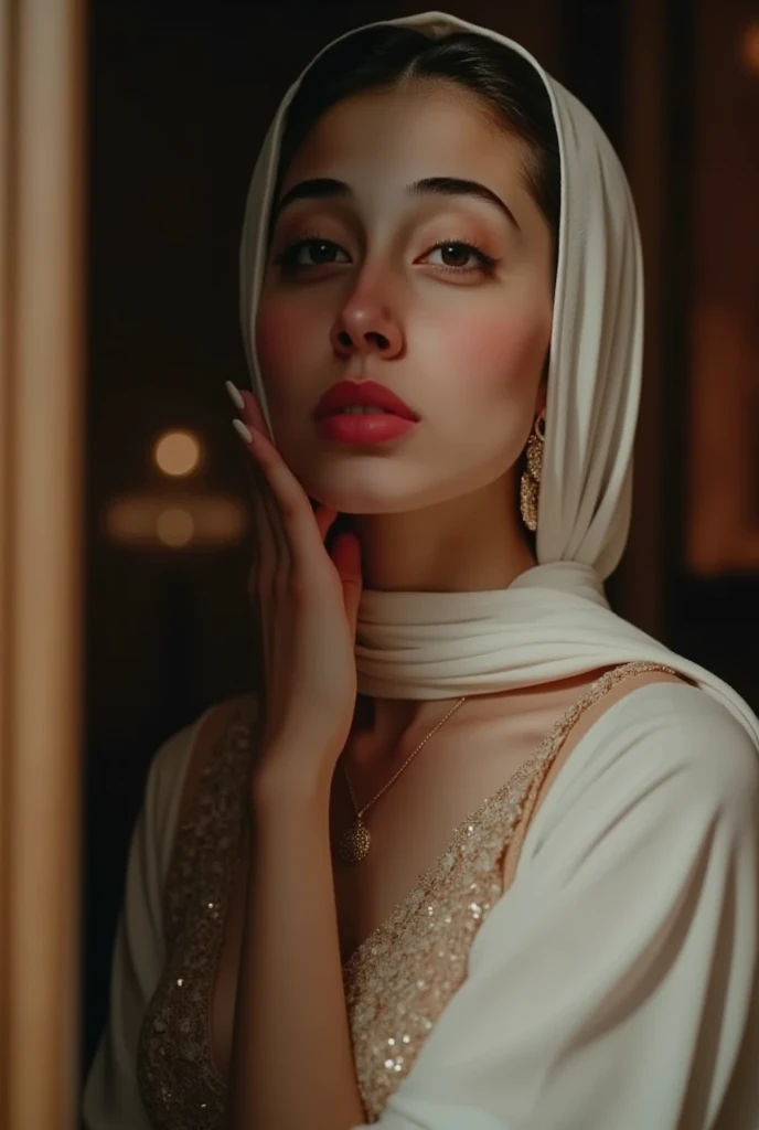 one real persian women, beautiful detailed eyes, beautiful detailed lips, extremely detailed face and skin, white skin, long hair, hijab, looking at camera, intricate jewelry, showing her breast, dramatic lighting, cinematic, serene expression, hyper realistic, photorealistic, 8k, high resolution, masterpiece, (best quality:1.2), (photorealistic:1.37), ultra-detailed, cinematic lighting, warm color palette, dramatic shadows, elegant, majestic, regal,8k,no makeup, real face
