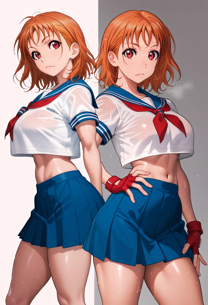 Solo,1girl, takami chika, medium hair, orange hair, red eyes,standing, sporty athletic build, confident pose, big breasts, breasts outlines, score_9, score_8_up, score_7_up, score_6_up,blue skirt, crop top, midriff, miniskirt, navel, sailor , school uniform, short sleeves, skirt, stomach, shirt, white shirt, red fingerless gloves,sweating, detailed body, shiny skin , RUKIA Style, web comic,toned thighs, sexy pose, simple background, slightly from side,underbutt, looking at viewer, hand in hip