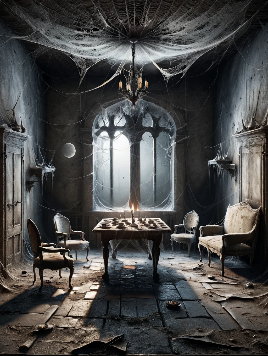 Horror-themed , an old abandoned medieval parlor with a table with medieval dishes and simple armchairs, an extinguished fireplace, tropyhene hanging on the walls, the floor is dirty and dusty, the full moonlight shines through the window a window, midnight, indoor ais-webz . Eerie, unsettling, dark, spooky, suspenseful, grim, highly detailed