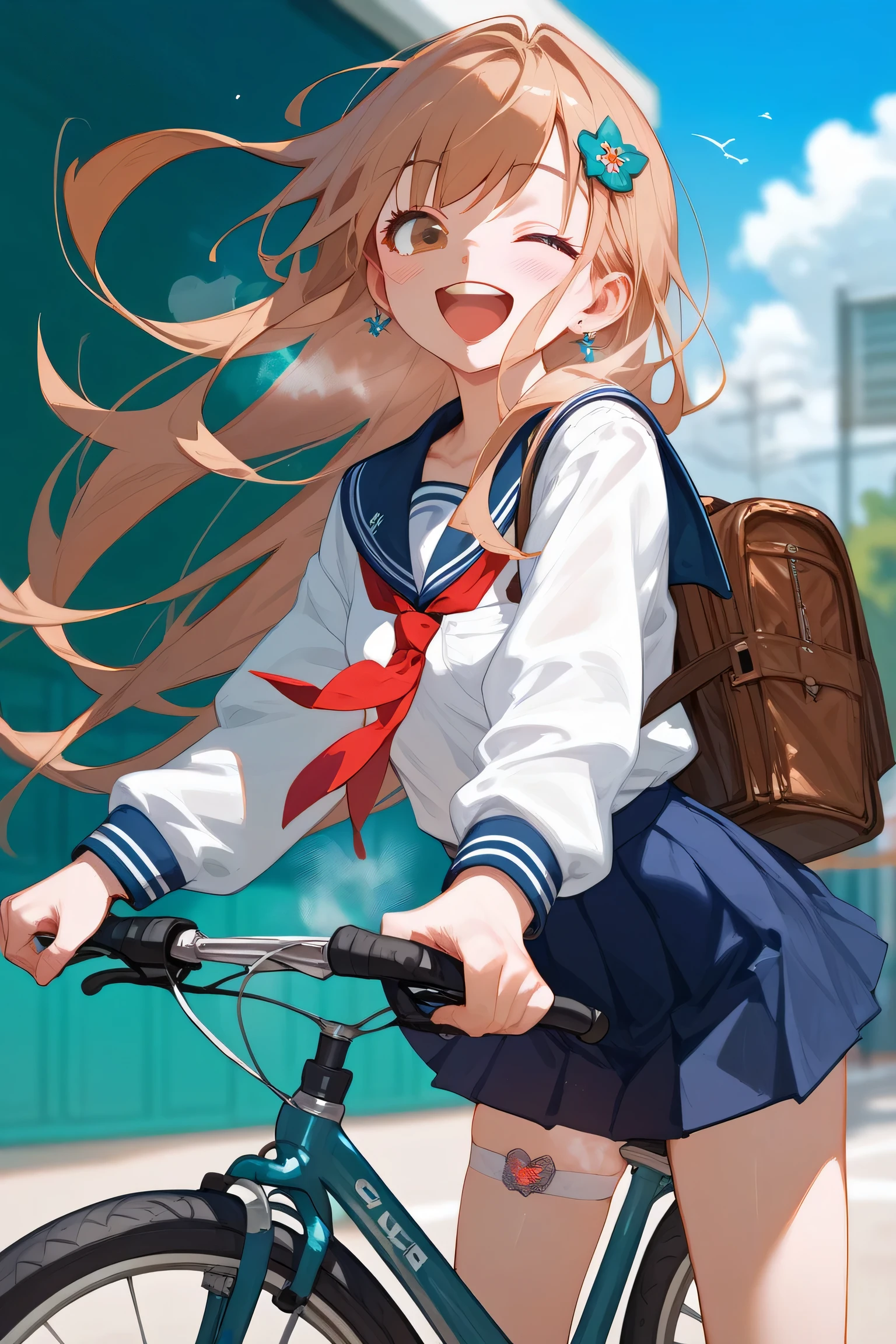 Score_9,Score_8_up,Score_7_up,highest quality,detailed,1 girl,slim,brown long straight hair,Schoolgirl、 high school uniform 、Japan、Highschool girl,Wearing Highschool uniform,looking Happy,Happy with me、Get on a bicycle,white panties that smell like farts、