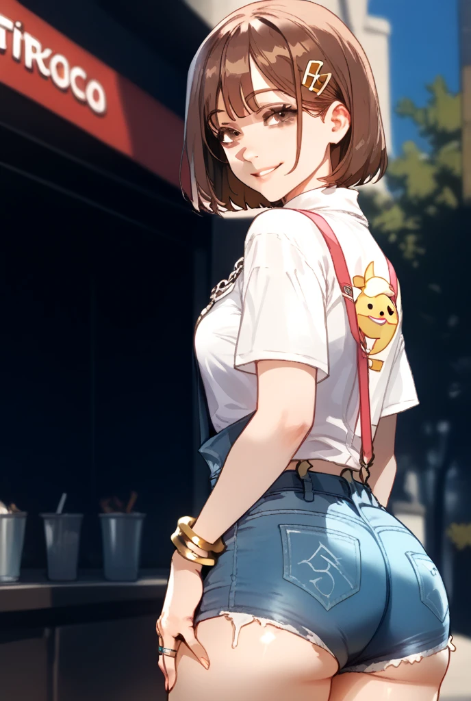 1chica , Alone , Shoko ieiri,  short brown hair , brown eyes also  ,  well-detailed eyes  ,  that he is wearing a short white shirt with suspenders and jeans shorts ,  that is on his back showing his butt  ,  who has to be big  ,  must have a small smile  ,  that is looking over the shoulder ,  must have accessories such as bracelets chains and rings 