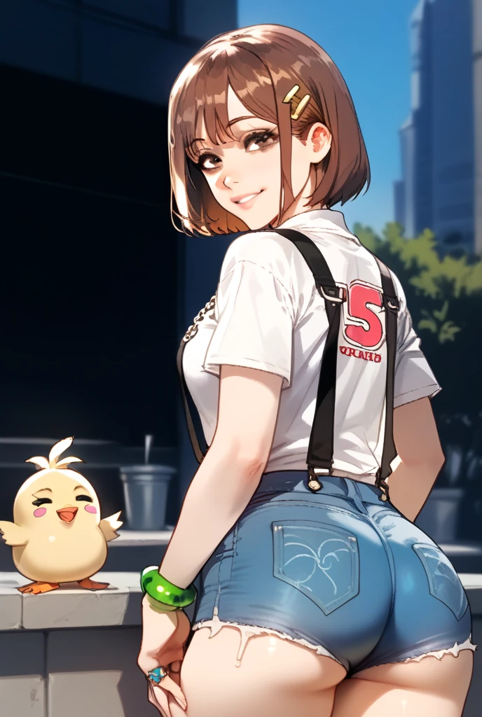 1chica , Alone , Shoko ieiri,  short brown hair , brown eyes also  ,  well-detailed eyes  ,  that he is wearing a short white shirt with suspenders and jeans shorts ,  that is on his back showing his butt  ,  who has to be big  ,  must have a small smile  ,  that is looking over the shoulder ,  must have accessories such as bracelets chains and rings 