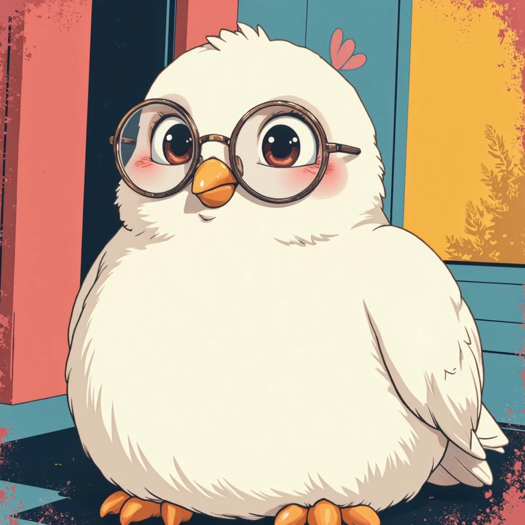 A cute white plump pigeon with a dumb look on its face, wearing small round glasses, pop art illustration