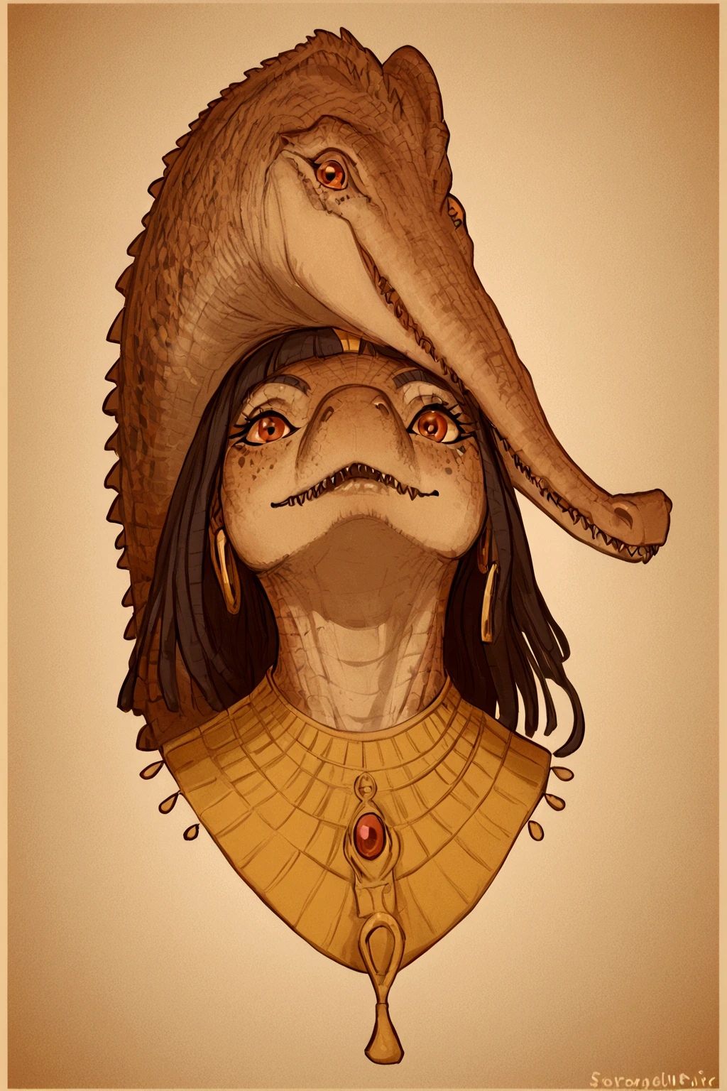 (( anthrope spinosaur female sexy )) Charming lady with Spinosaurus features ((Spinosaurus face , spinosaurus's dorsal crest )), combining crocodile and angel features , adorning an Egyptian backdrop with pharaonic angelic attire. While floating on an Egyptian outdoor stage, wise and loving face . Smooth eyes and expressive