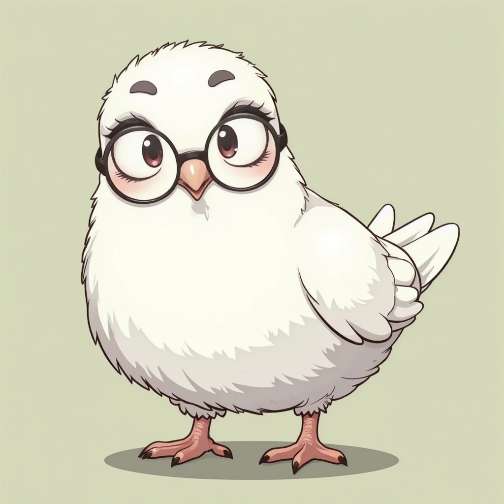 A cute white plump pigeon with a dumb look on its face, wearing small round glasses, pop art illustration