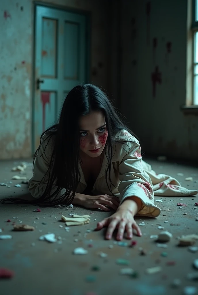 Realistic, cinematic, close up, very dark, night, A dimly lit floor, casting harsh shadows of a window's frames on the floor. A woman with dark hair lies crawls on the floor, barely visible due to the dark, blood on her dress. The woman's hands is outstretched over her head on the floor, and appears bloodied and injured, with smears of blood trailing behind on the floor, suggesting that she is being dragged by someone along the floor. The environment is bleak and oppressive, the floor stained with blood.