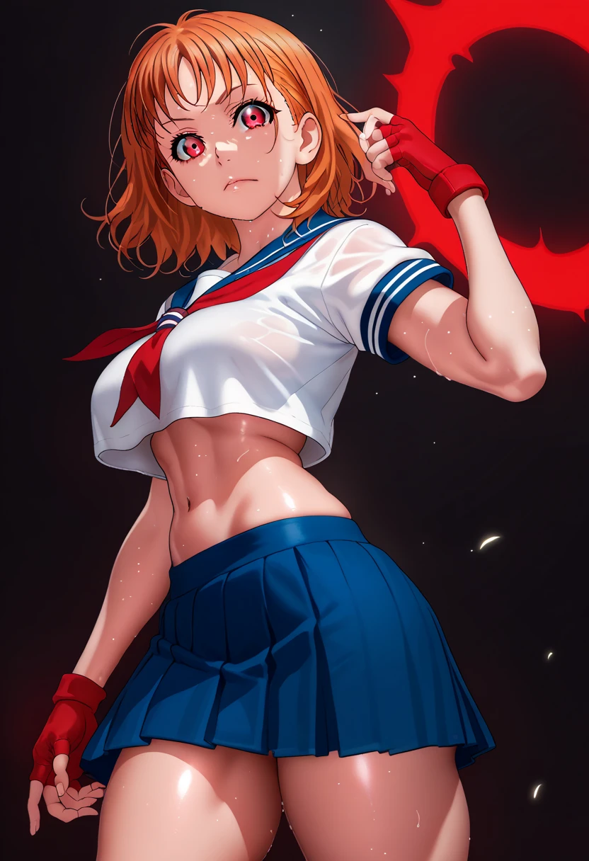 Solo,1girl, takami chika, medium hair, orange hair, red eyes,standing, sporty athletic build, confident pose, big breasts, breasts outlines, score_9, score_8_up, score_7_up, score_6_up,blue skirt, crop top, midriff, miniskirt, navel, sailor , school uniform, short sleeves, skirt, stomach, shirt, white shirt, red fingerless gloves,sweating, detailed body, shiny skin , RUKIA Style, web comic,toned thighs, sexy pose, simple background, slightly from side,underbutt, looking at viewer, hand in hipmasterpiece,highly detailed, ((best quality, ultra-detailed)), perfect anatomy, ((High detailed, detailed background,random angles)),beautiful face, deep skin, glistening skin, skindentation, pale skin,Beautiful eyes,Perfect eyes,woman, short spiky hair, stark black silhouette, sharp glowing red eyes, fierce expression, undefined skin tone, fitted combat attire with weapon outlines, crouched pose as if ready to attack, background of dense trees with faint mist and glowing fireflies, dramatic contrast of black red and green, low-angle shot focusing on the dynamic and intense atmosphere

