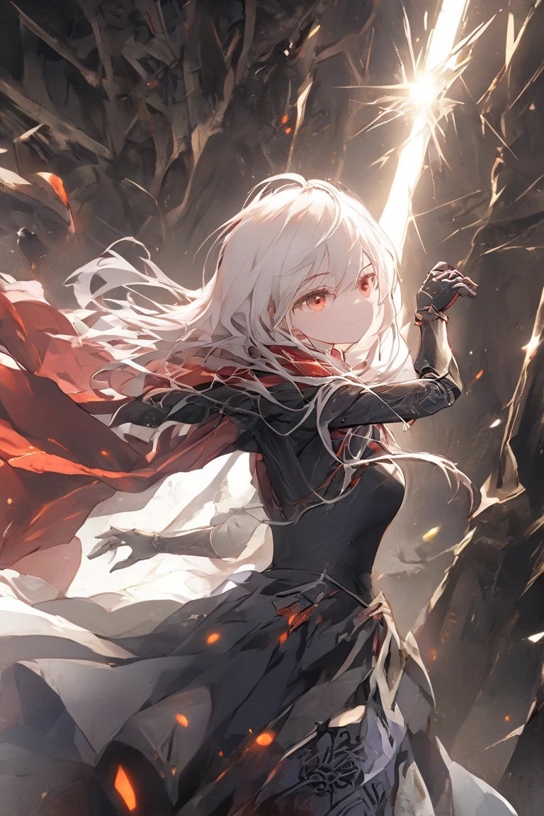 1girl, red eyes, solo, long hair, armor, dynamic pose, white hair, closed mouth, bangs, gauntlets, hair between eyes, from side, shoulder armor, cape, red cape, dress, armored dress, standing, indoors, random lights, whisper, fractal
