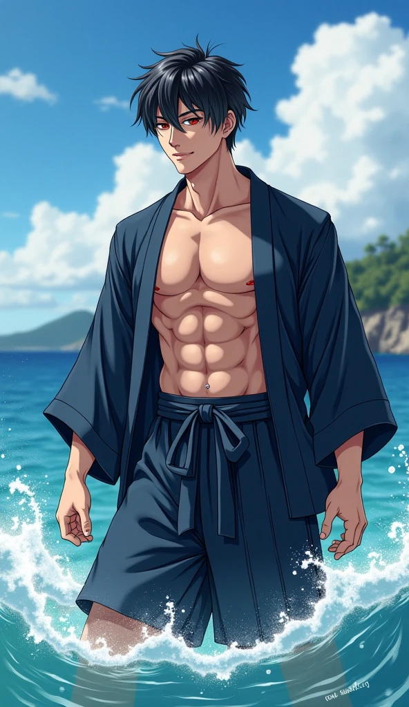Anime guy about 15, shirtless, with blue eyes and white hair, muscular, 6 pack abs, with white shorts, on the beach  