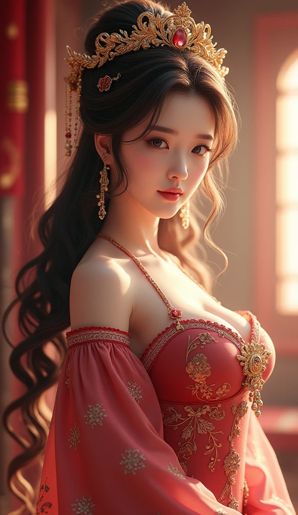 Masterpiece、 best quality 、8k、 photorealistic、 ULTRA DETAIL,  high definition、Imperial Princess 、 Diao Chan Cosplay Costume 、 medium big breasts 、Crown with accessories 、 hair ornament、noble、Royalty、 pose、 beautiful eyes、 Curly Hair、 see here、 ogipote、 cosplay character game 、 Wind Flutters 、 Brown Hair Flies Long、Inside a luxurious palace、 CG in detail、
