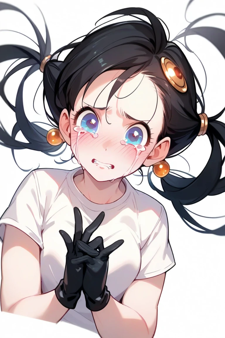  Dragon Ball　Videl　 Upper Eye Care　 white shirt　 Twin Tails　 black hair　 gold hair ornament 　 center part　 center split embarrassing expression　 lower lip on white floor　Round eyes　 gloves with black fingertips sticking out 　 standing hands　I feel like crying　Moisturizing eyes 　Fair skin