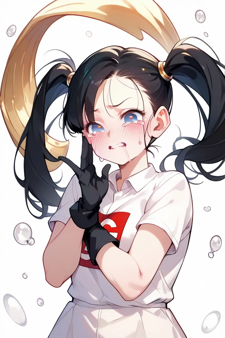  Dragon Ball　Videl　 Upper Eye Care　 white shirt　 Twin Tails　 black hair　 gold hair ornament 　 center part　 center split embarrassing expression　 lower lip on white floor　Round eyes　 gloves with black fingertips sticking out 　 standing hands　I feel like crying　Moisturizing eyes 　Fair skin