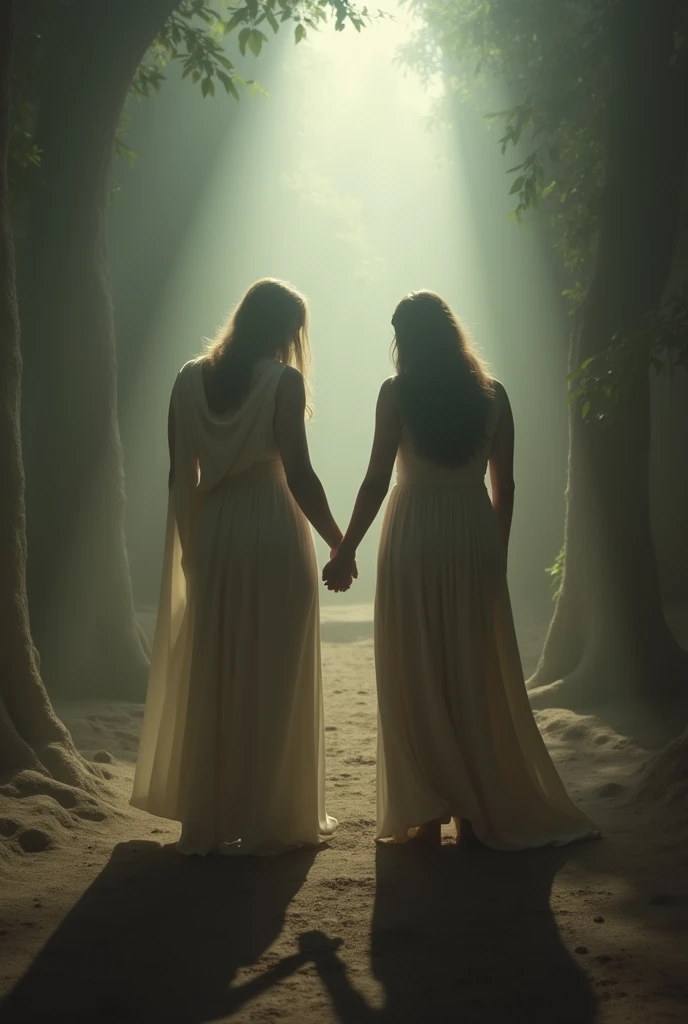 Summer solstice,Three goddesses in the forest,white dress dancing,Back,altar,mystery,alchemy,candle