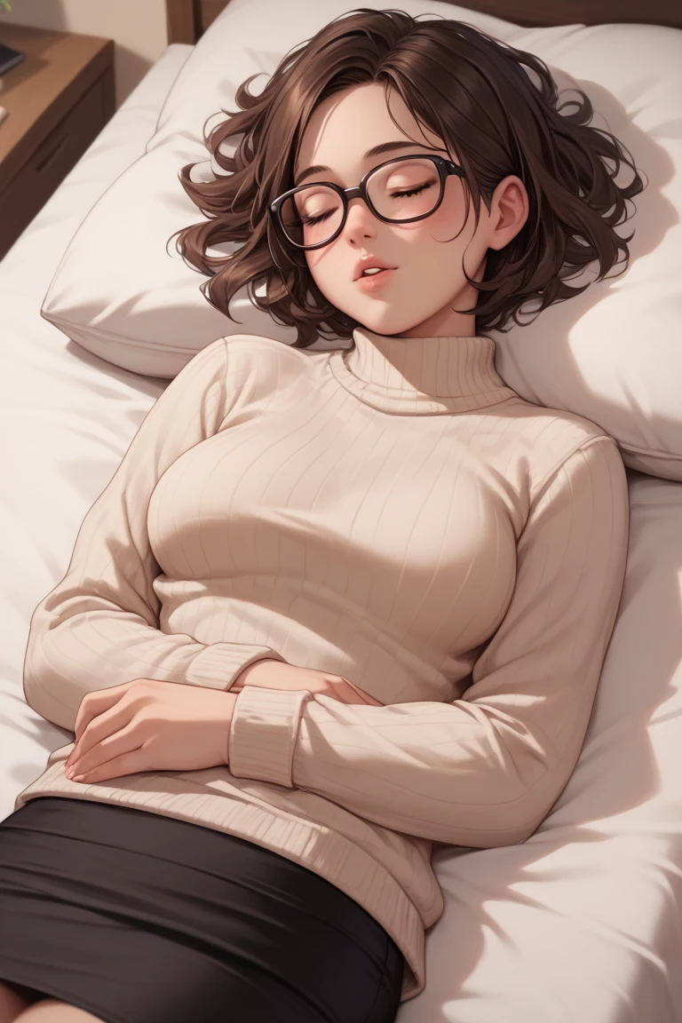 1 girl, short dark brown hair, voluptuous, medium breasts, beige sweater, white dress shirt, black skirt, black frame glasses, eyes closed, parted lips, sleeping, messy clothes, flushed cheeks, lying in bed, bedroom, no lights